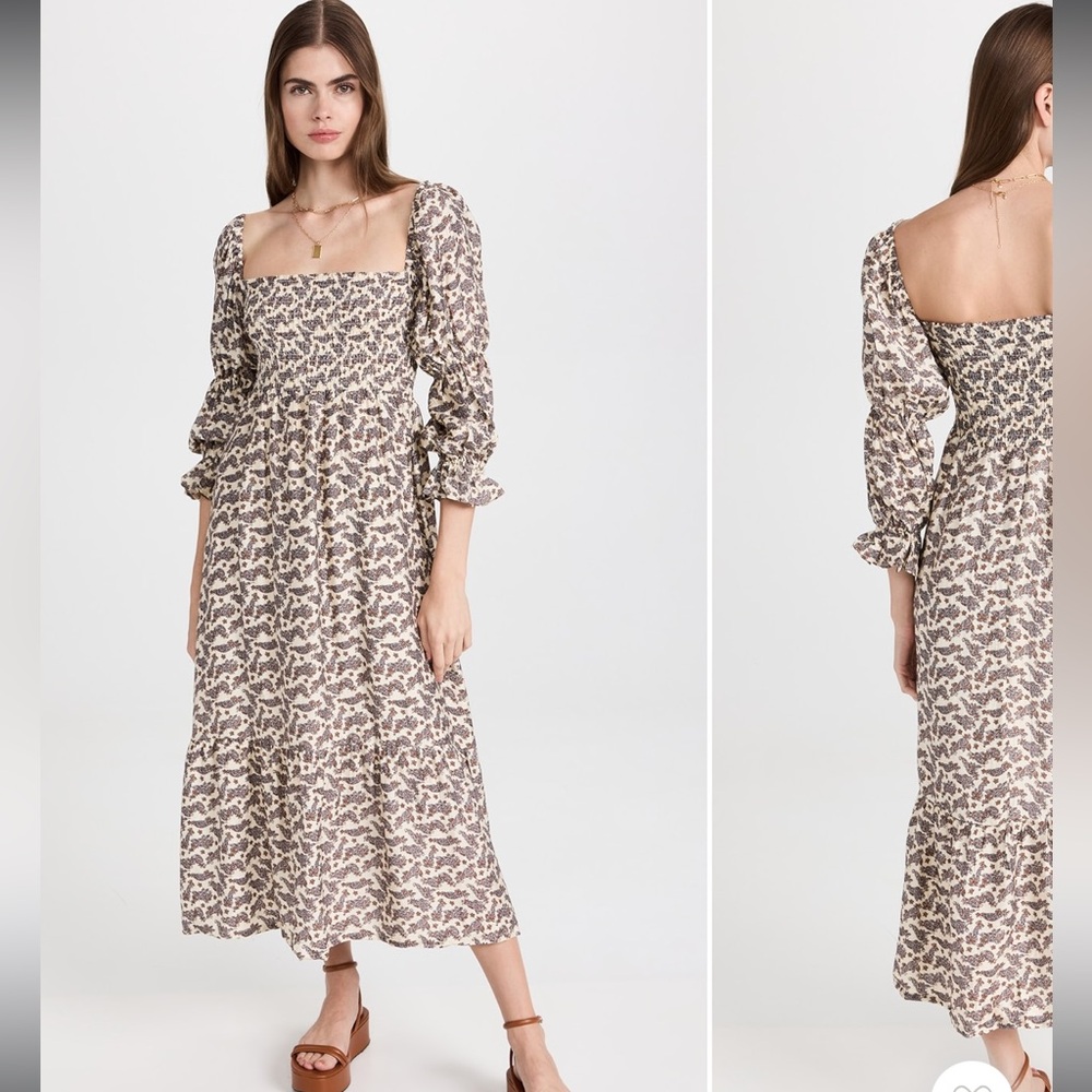 O.P.T Brigitte Midi Smocked Long Sleeve Dress